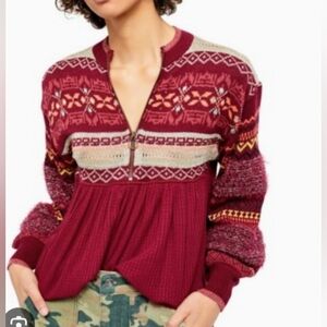 Free People Burgundy Cabin FeverZip-Pullover Sweater